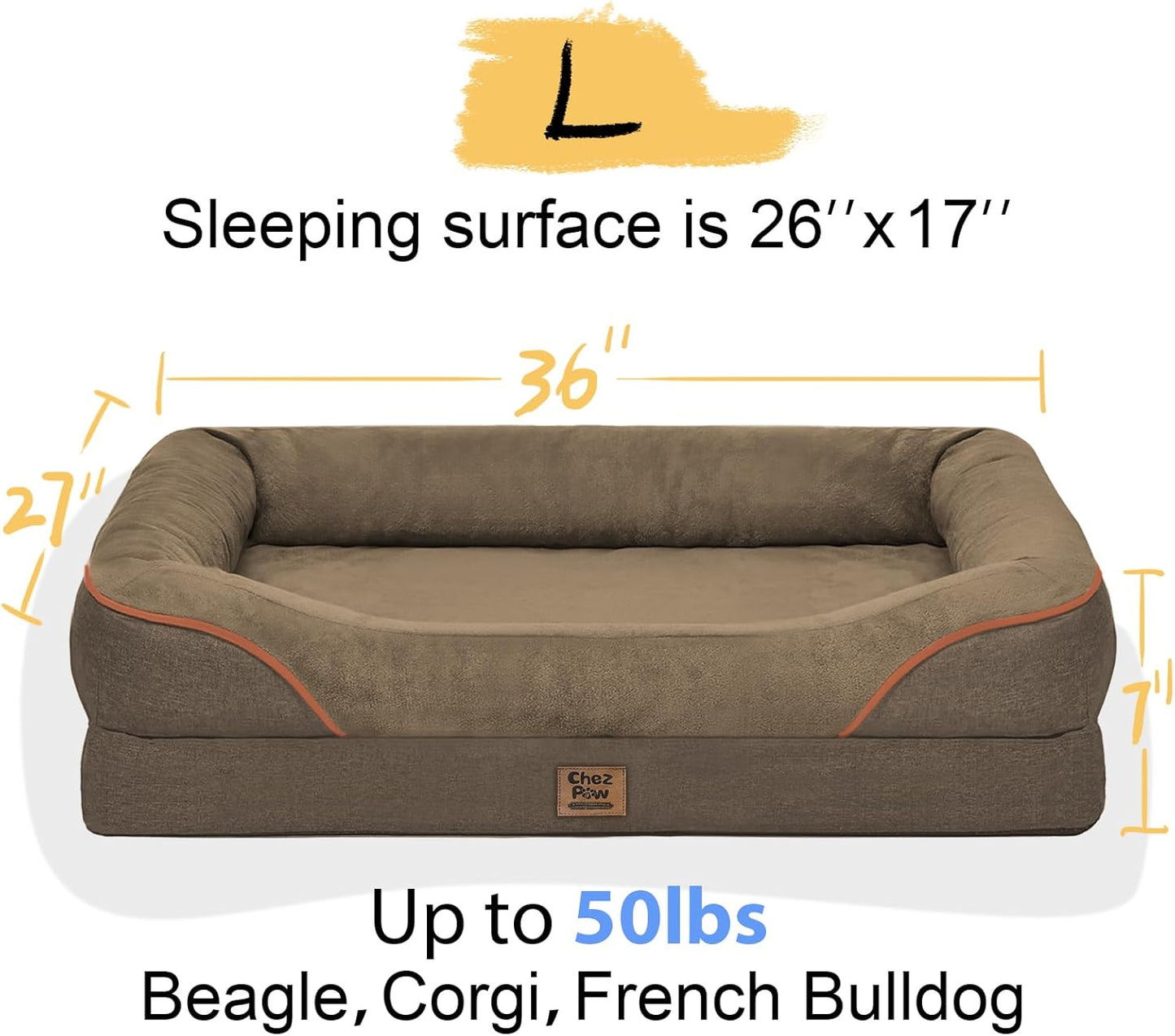 Washable Orthopedic Large Dog Bed - Big Dog Beds with Removable Waterproof Cover and Non-Slip Bottom XL Large Pet Beds with Bolster Extra Large Dogs Bed