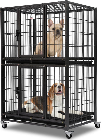 Homey Pet 31 Inch Stackable Heavy Duty Dog Crate Cage Kennel with Four Lockable Wheels, Removable Tray, Escape Proof Wire Drop Dog Crates for Small Dogs (Two Tiers)
