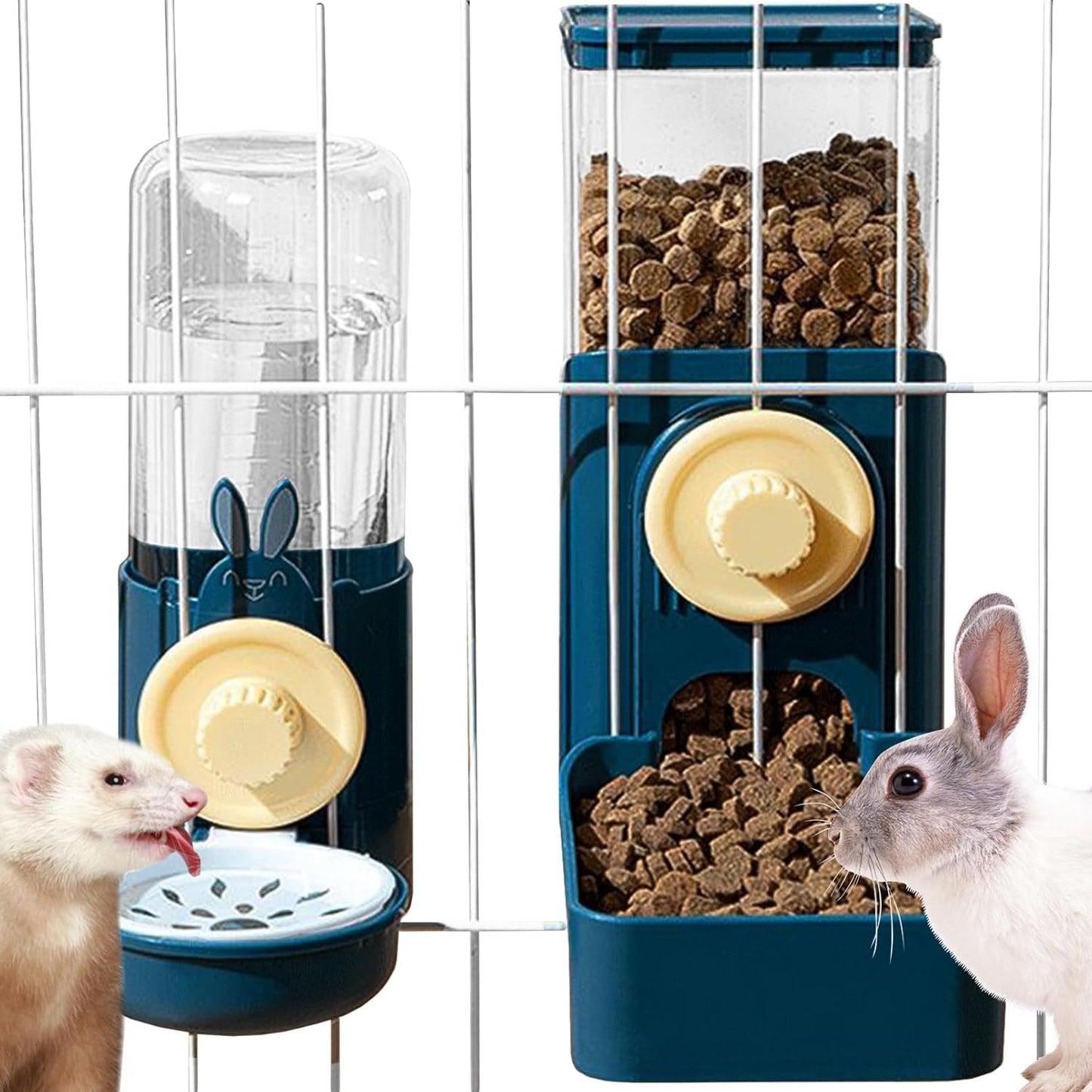 kathson Hanging Automatic Rabbit Pet Food and Water Dispenser, Auto Gravity Bunny Feeders for Cages, Detachable Self-Feeding Feeder and Waterer Set for Ferrets Chinchilla Hedgehog (Dark Blue)