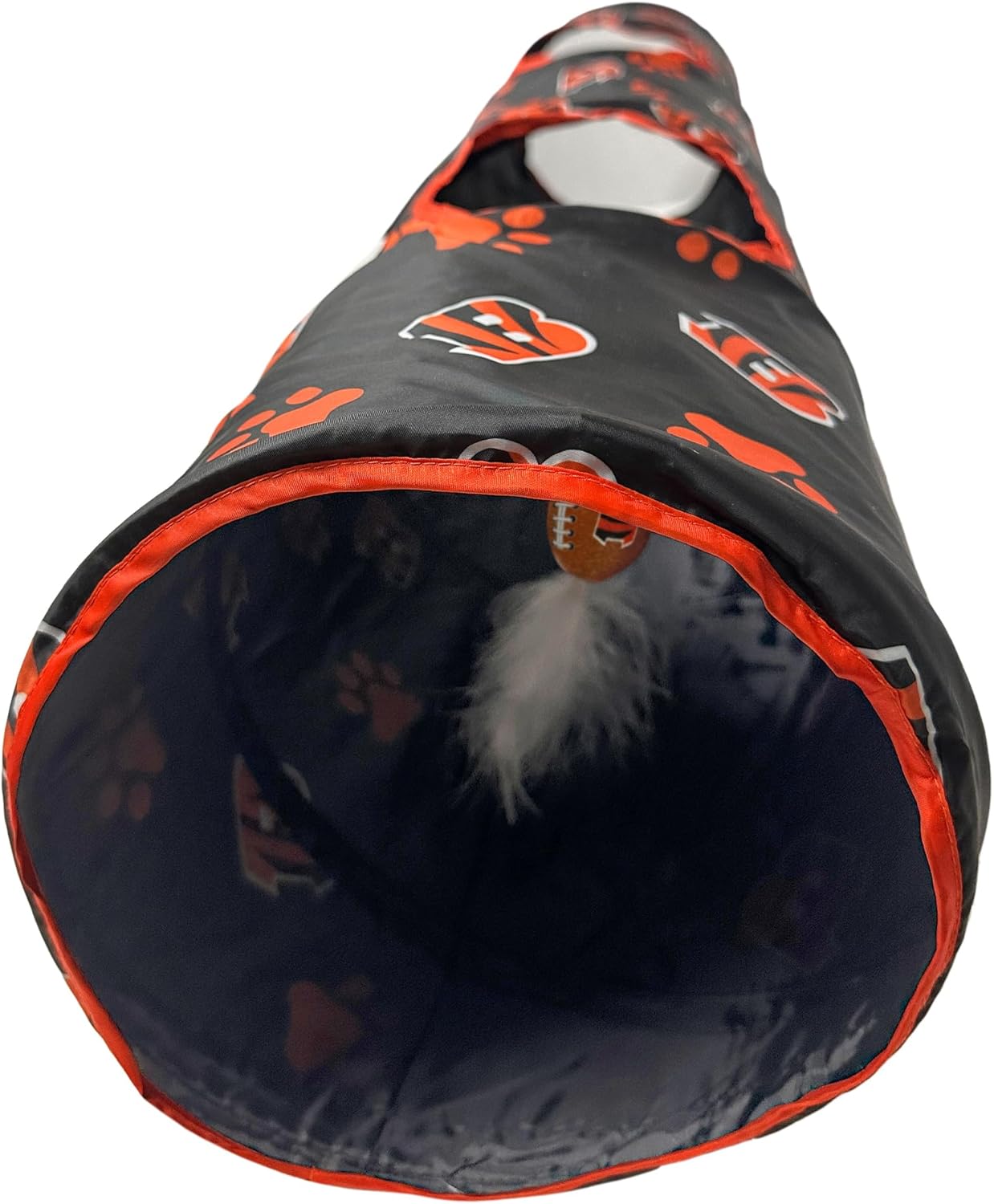 NFL Cincinnati Bengals Cat Tunnel Tube Toy with Plush Football Catnip and Feathers Collapsible Tunnel for Cats to Play, Peek and Hide, Sporty & Fun Cat Tunnel Toy with Team Logo All-Over Design!