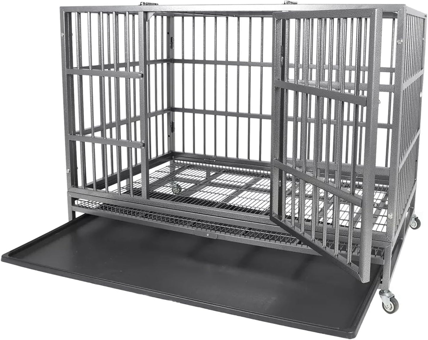 Indestructible Dog Crate Cage Kennel, 47 inches, High Anxiety Dog Crate with Removable Trays, Wheels and Double Door, for Medium and Large Dogs