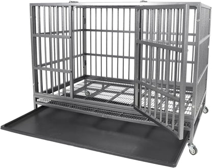 Indestructible Dog Crate Cage Kennel, 47 inches, High Anxiety Dog Crate with Removable Trays, Wheels and Double Door, for Medium and Large Dogs