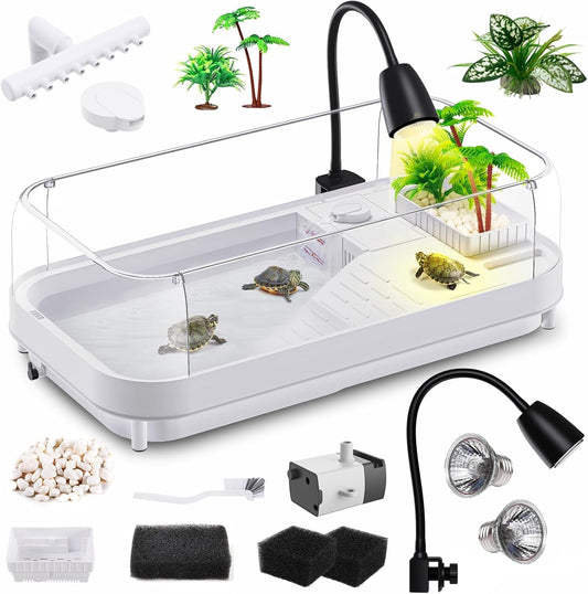 Large Turtle Tank Kit (Tank + Lamp + Filter), Acrylic Turtle Tank Starter Kit, Tank Aquarium with Heightened and Curved Fences, Bottom Drainage, Multi-Function Areas (Black Lamp)