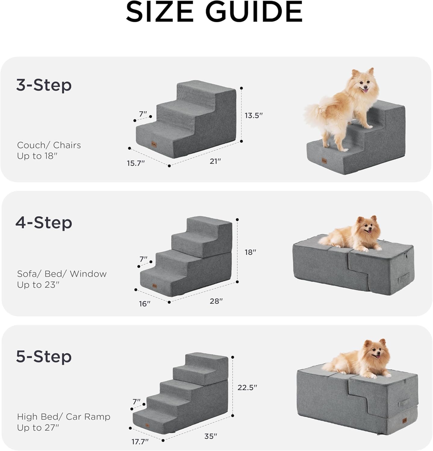 Made4Pets Dog Stairs for Small Dogs, Extra Wide Dog Steps for Bed Couch Sofa and Chair, 35D Foam Pet Steps for Small Dogs and Cats, Non-Slip Bottom Pet Stairs, Grey, 3 Steps
