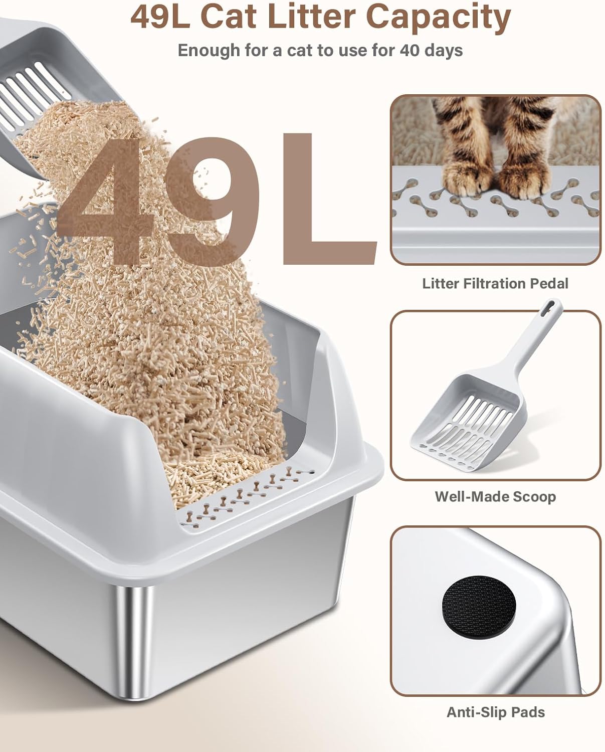 Cat Litter Box Stainless Steel XL with Lid, Enclosed Metal Extra Large Litter Box Pan High Sided with Scoop for Big Cats, Non-Sticky, Anti-Urine Leakage, Easy Cleaning