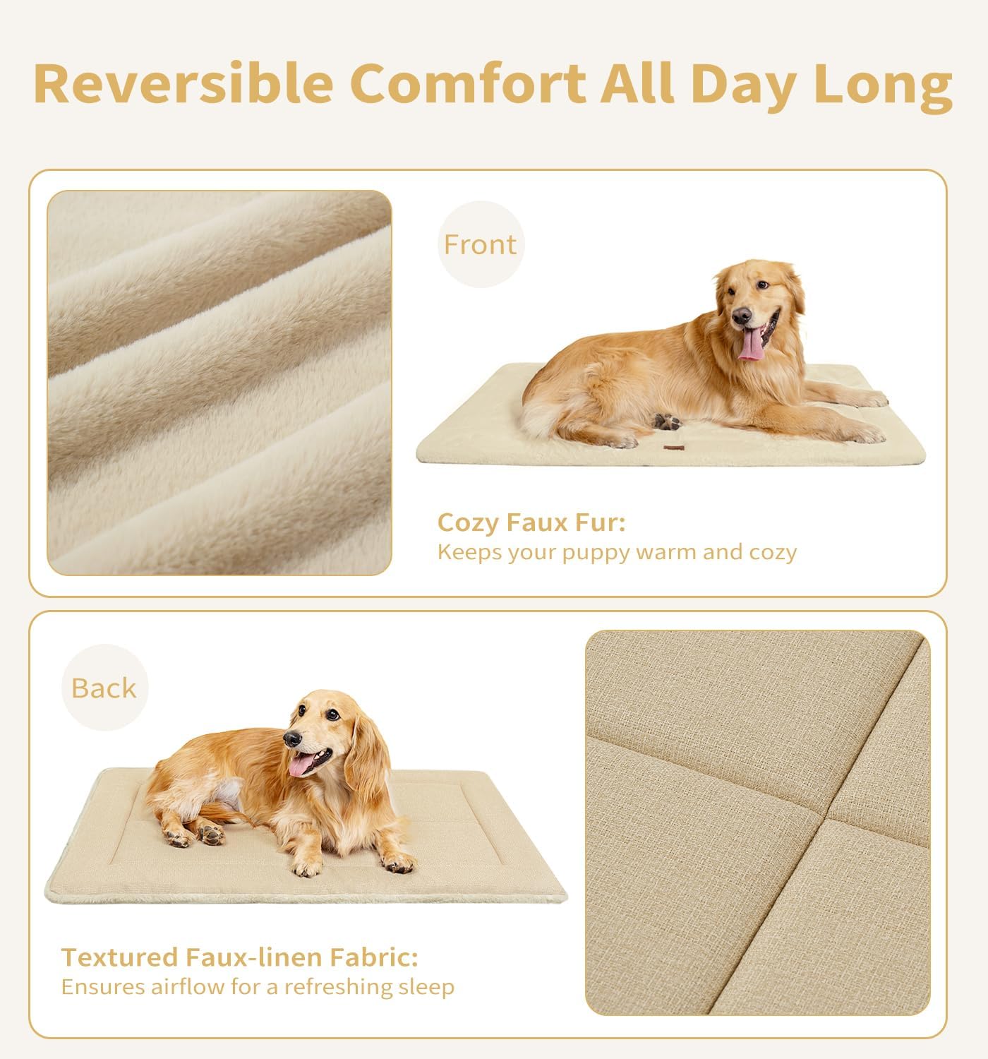 MADE 4 PETS Dog Crate Pad Bed for Medium Large Dogs, Washable & Reversible, Anti-Slip Kennel Mat for Cozy Sleeping, Soft Fluffy Dog Bed for Indoor & Outdoor Use, 35"x23", Beige