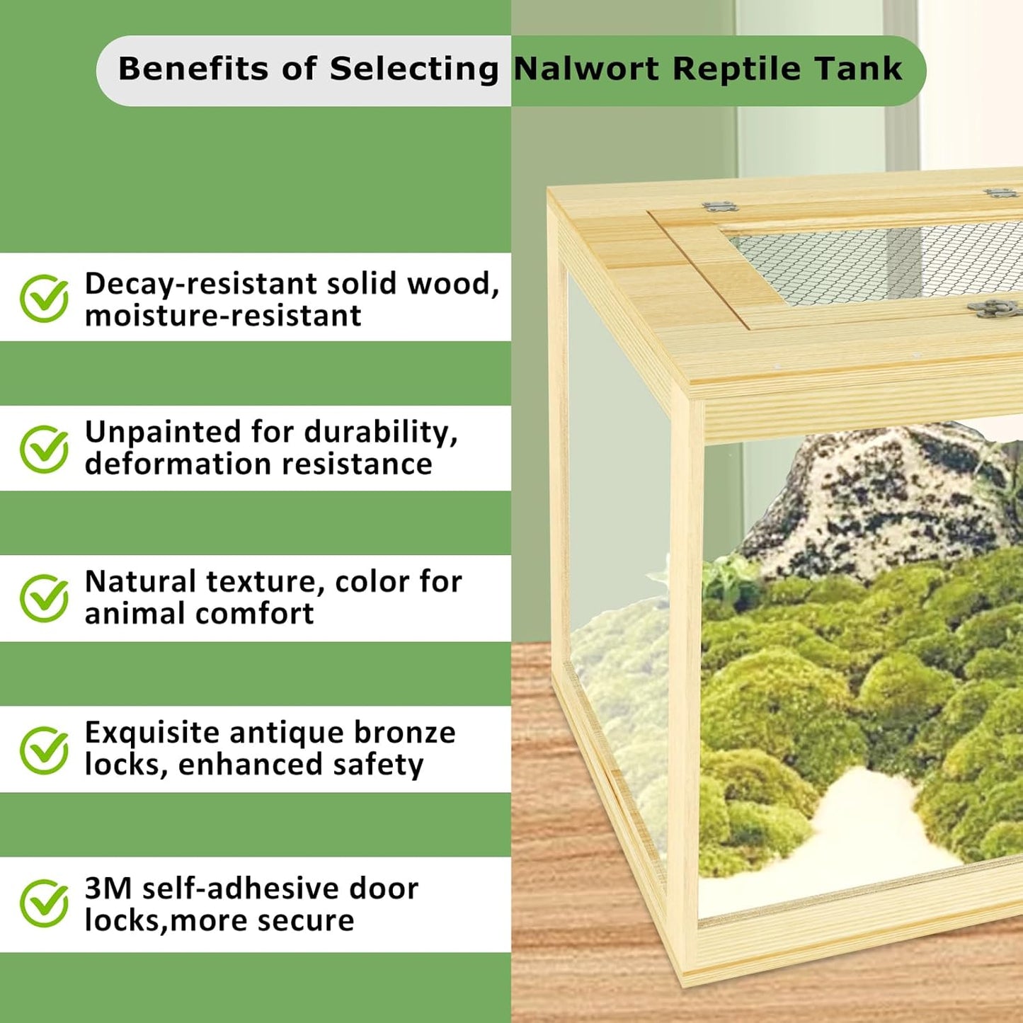 67 Gallon Reptile Tank - 40" Lockable Sliding Door Bearded Dragon & Snake Tank with Metal Mesh Roof, Front Opening Terrarium for Lizards, Leopard Gecko (Wood, 40" x 20" x 20")