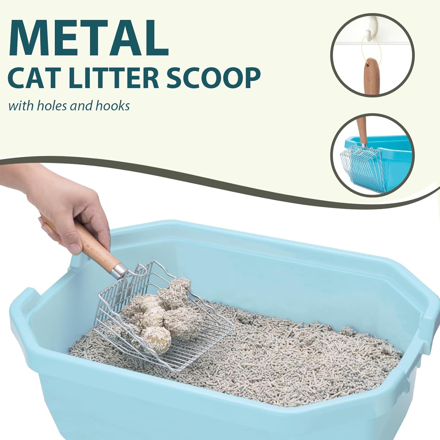 Cat Litter Scoop, Kitty Metal Scooper with Hook and Hole, Stainless Steel Kitten Poop Lifter for Litter Box, Non Stick, Durable and Heavy Duty Sifter for Easy Clean