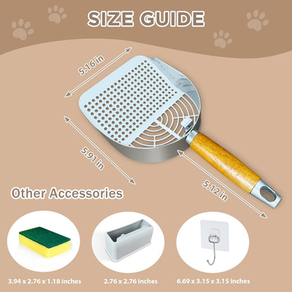 Cat Litter Scoop, Litter Scooper, Metal Cat Litter Scoop, Stainless Steel Cat Litter Scoop, Kitten Pooper Lifter, Kitty Metal Scooper with Holder for Cat Litter Box Round Holes Easy Cleaning