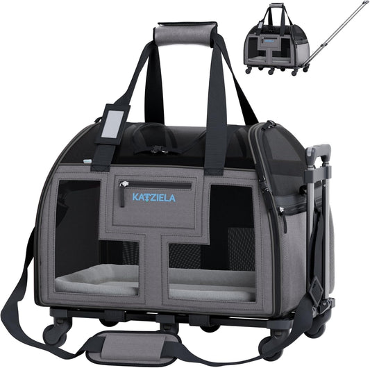 Katziela Airline Approved Pet Carrier - Rolling Portable Travel Carry Crate for Small Dog, Puppy or Cat - Soft Removable Wheeled Design with Mesh Window Sides - Airplane and TSA Compliant (Dark Grey)
