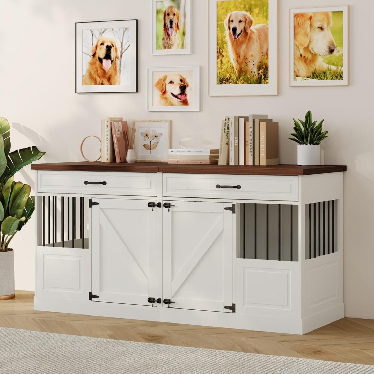 Large Dog Crate Furniture - Wooden Indoor Dog Kennel Furniture for 2 Dogs with 2 Drawers and Removable Divider, Heavy Duty Dog Crate Table, 63" L x 23.6" W x 31.5" H, White