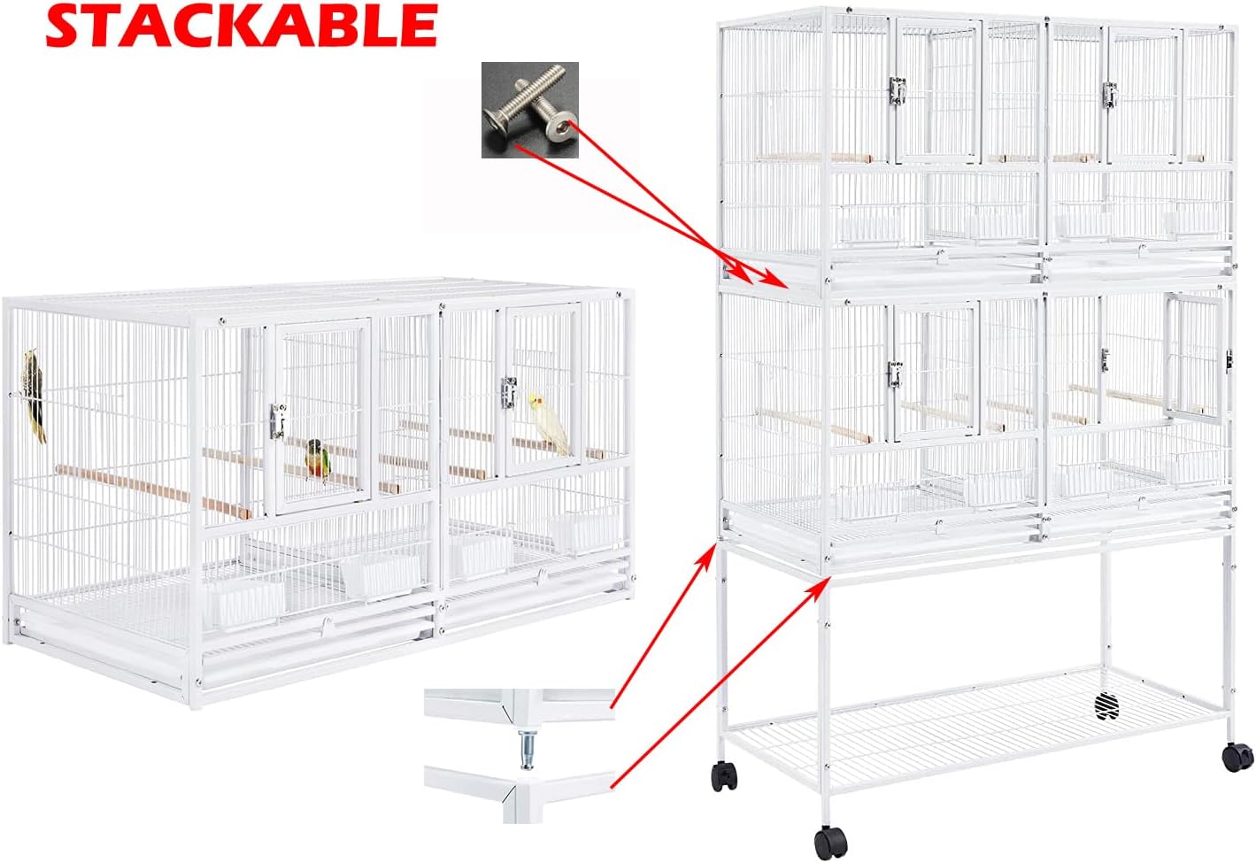 Combo Breeding Stacker Center Divided Breeder Bird Flight Double Rolling Cage with Side Breeding Nest Door (White, Double Stack)