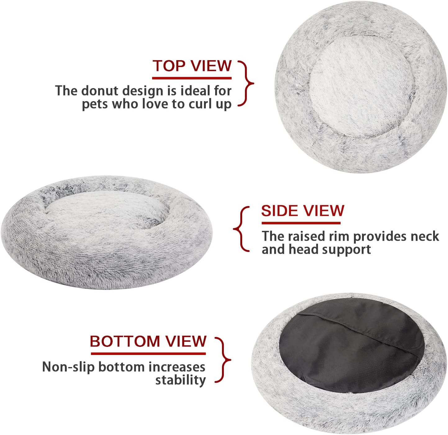 Bedfolks Calming Donut Dog Bed for Small Dogs & Cats, 23 Inches Round, Machine Washable, Anti-Anxiety Plush Bed (Dark Grey, Small)