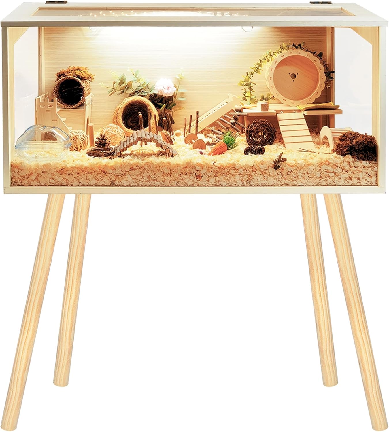 Prolee Hamster Cage Wooden Chew Proof, Extra Large Mice and Rat Habitat Openable Top with Acrylic Sheets Solid Built Small Animal Cage with Leg Stands, 32 Inch Long