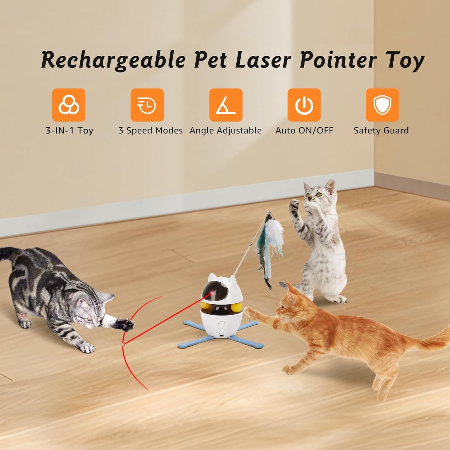 Nobleza 3-in-1 Cat Laser Toy with Feather Trackball, Rechargeable Pet Interactive Pointer Red Light Game, 3 Modes Random Trajectory Motion Activated Boredom Buster for Cat Self Play Home Indoor