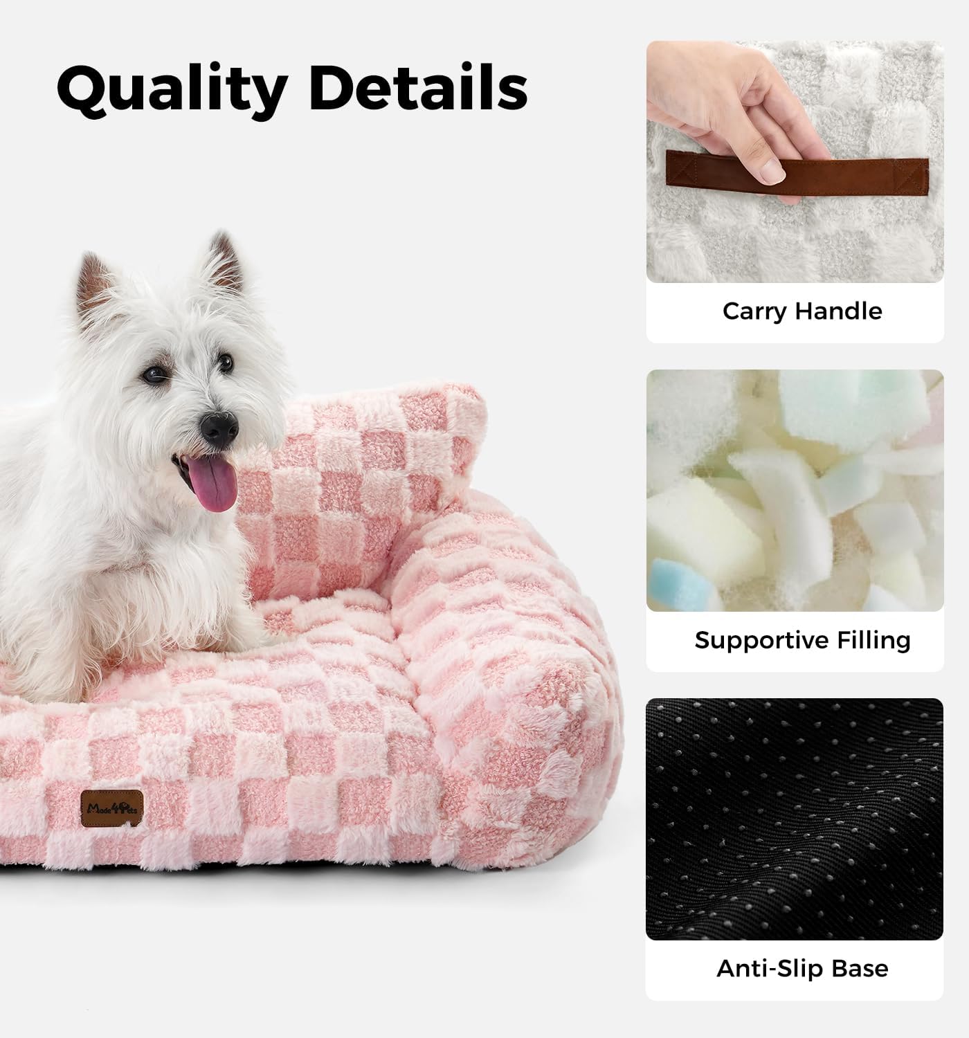 Made4Pets Cat Couch Bed, Soft Faux Fur Checkered Pet Sofa, Calming Fluffy Cat Sofa with Supportive Foam, Removable Washable Cover with Non-Slip Base, Pink, Small