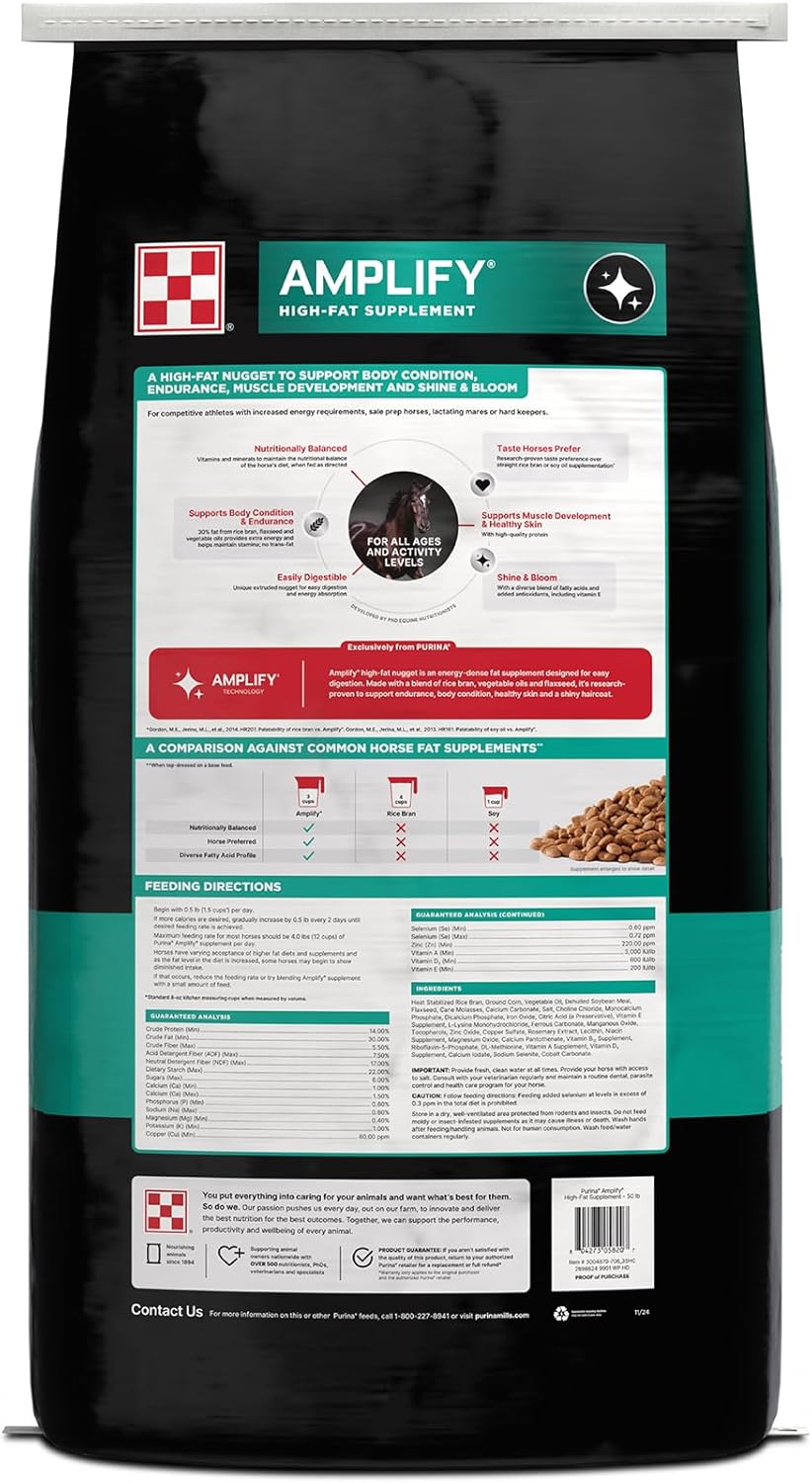 Purina, Amplify Equine, High-Fat Horse Supplement for Maintenance, Breeding, & Performance Horses, 50 lbs