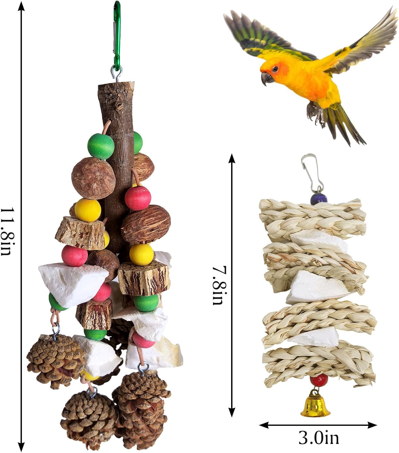 kathson Parrot Chew Toys, Medium Size Natural Wooden Bird Toys with Colorful Blocks, Hanging Bird Cage Accessories for Cockatiels, Conure, Cockatoos, 2 Pack (Style B)