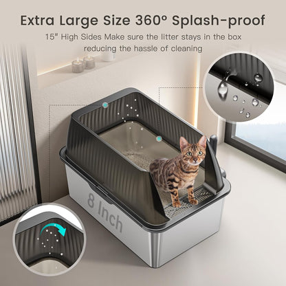 Tripamin 2PACK Stainless Steel Litter Box, 8" Metal Litter Boxs with Lid High Sides, XL Extra Large Litter Box for Big Cats, Leak-Proof, Easy Cleaning, Non-Sticky(Translucent Black)