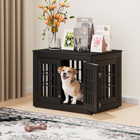 32" Heavy Duty Dog Crate Furniture for Small,Medium and Large Dogs,Rustic Wooden Dog Cage Kennel Indoor Furniture with Waterproof Top,Decorative Pet House Side End Table (Black)