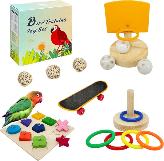 Bird Toys For Parakeets,5pcs Parrot Toys Set （Include Bird Basketball Toy、Bird Skateboard、Bird Stacking Toy、Parrot Wooden Block Puzzles Toy、Small Sepak Takraw）,Parakeet Toys、For Bird Training Toys12