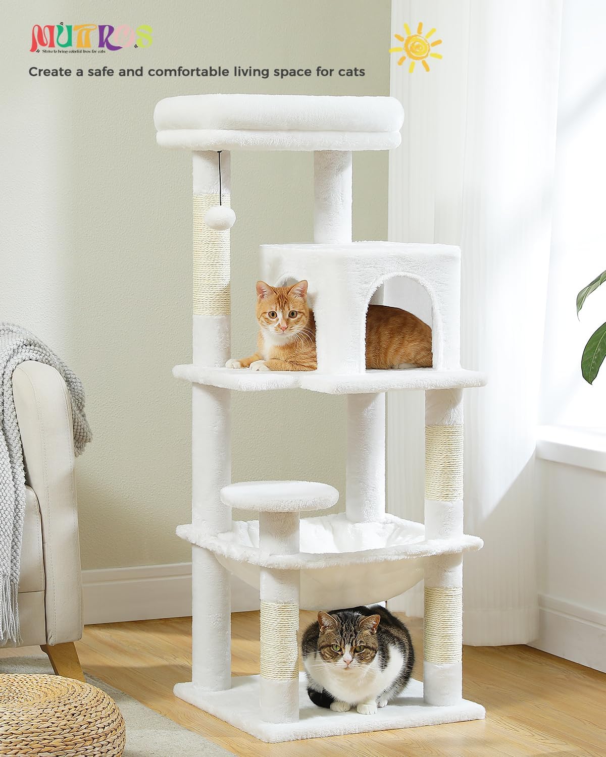 White Cat Tree for Indoor Cats, 45.7" Multi-Level Cat Tower with Large Metal Frame Hammock, Cat Condo with 4 Scratching Posts and Top Perch, White