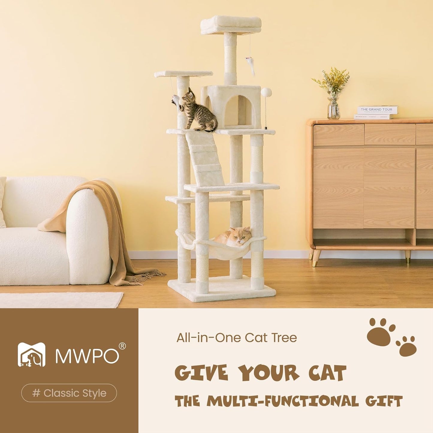 MWPO 63.8 inches Multi-Level Cat Tree for Large Cats with Sisal-Covered Scratching Posts, Padded Platform, Hammock and Condo,Stable Cat Tower Cat Condo Pet Play House-Beige