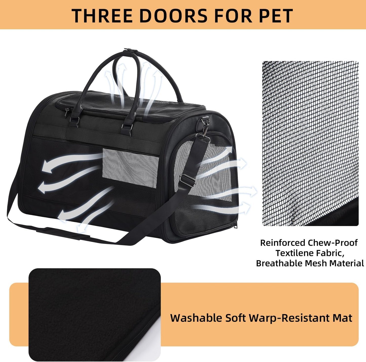 PET MARVEL Cat Carrier Soft Sided Large for Pet Dogs up to 25 Lbs, Airline Approved Mesh Pet Travel Bag, Breathable Bite-Resistant Fabric with Removable Washable Mat
