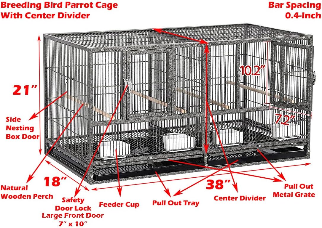 Single Stackable Center Divided Breeder Breeding Bird Flight Double Rolling Cage for Aviaries Canaries Cockatiels Finches Budgies Small Parrots (Without Stand)