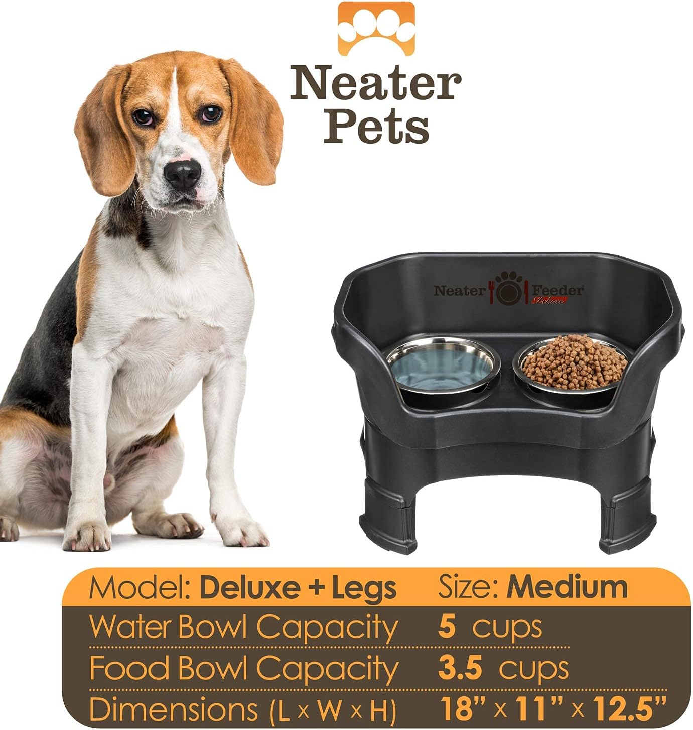 Neater Feeder Deluxe Mess Proof Dog Bowls Elevated Medium Sized Dogs (19-40 lbs) Made in USA, No Spill Raised Dog Food Bowl Stand w/Leg Extension, Stainless Steel Food and Water Bowl Set, Black