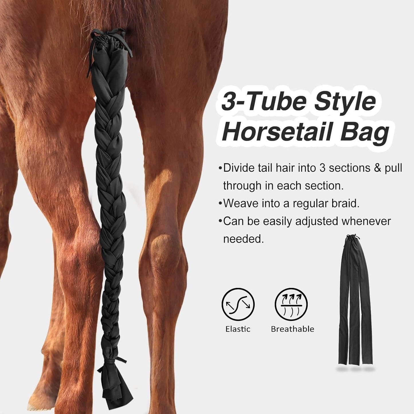 Harrison Howard 3 Tube Stretchy Fabrics Adjustable Closure Lightweight Horse Tail Bag for Horses Braid-in Tail Bag