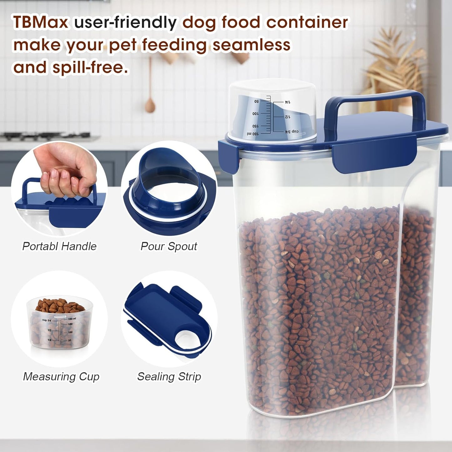 TBMax 2 Pack Cat Dog Food Storage Containers 8 to 10 Lbs, Portable Travel Pet Container Dispenser with Easy-Pouring Spout & Cup, Airtight Bird Seed Container Dog Treat Storage Bin