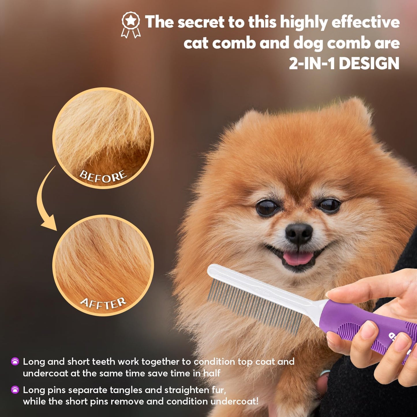 Detangling Pet Comb for Dogs & Cats with Long & Short Stainless Steel Metal Teeth for Removes Tangles and Knots - Detangler Grooming Tool for Dematting Matted Fur.