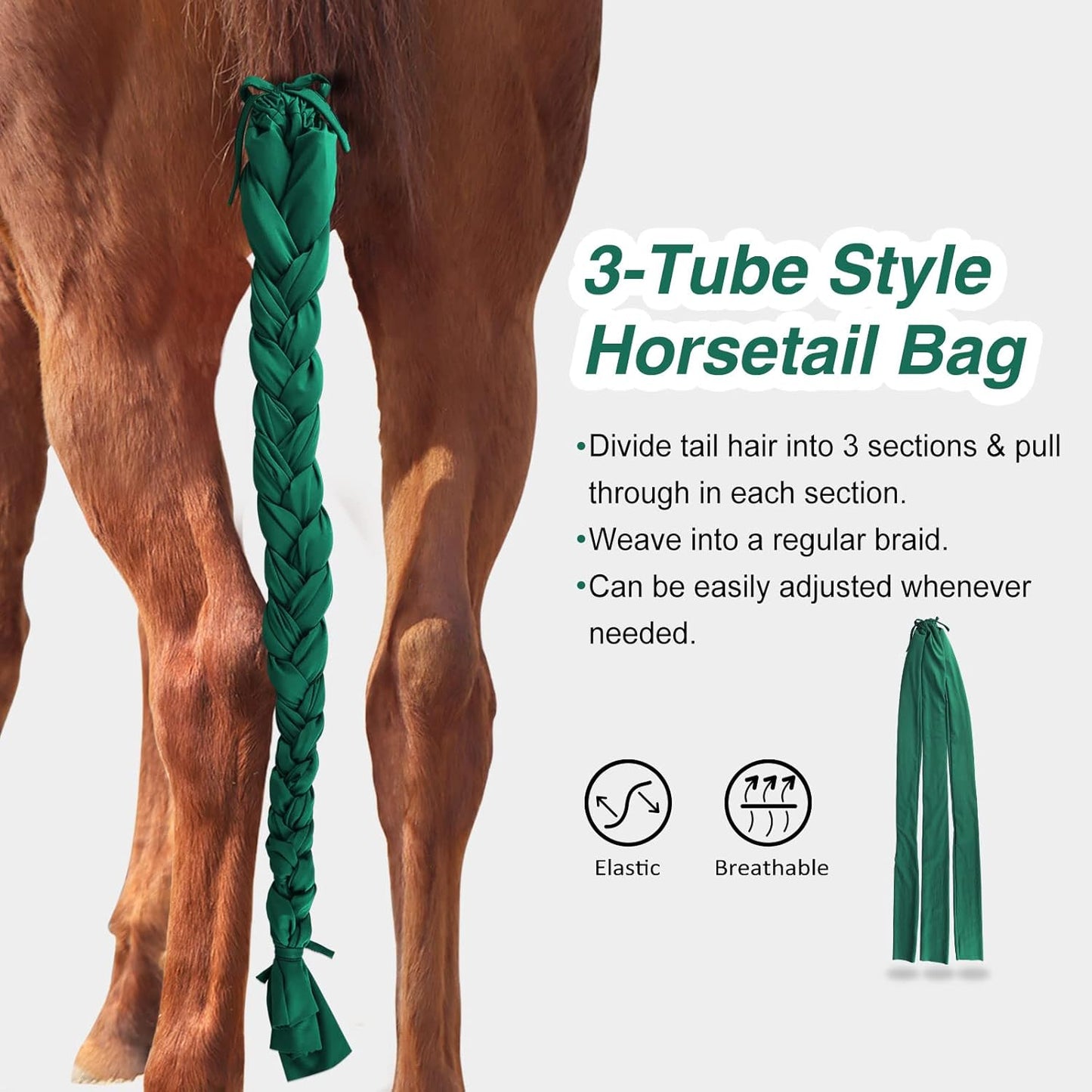 Harrison Howard 3 Tube Stretchy Fabrics Adjustable Closure Lightweight Horse Tail Bag for Horses Braid-in Tail Bag