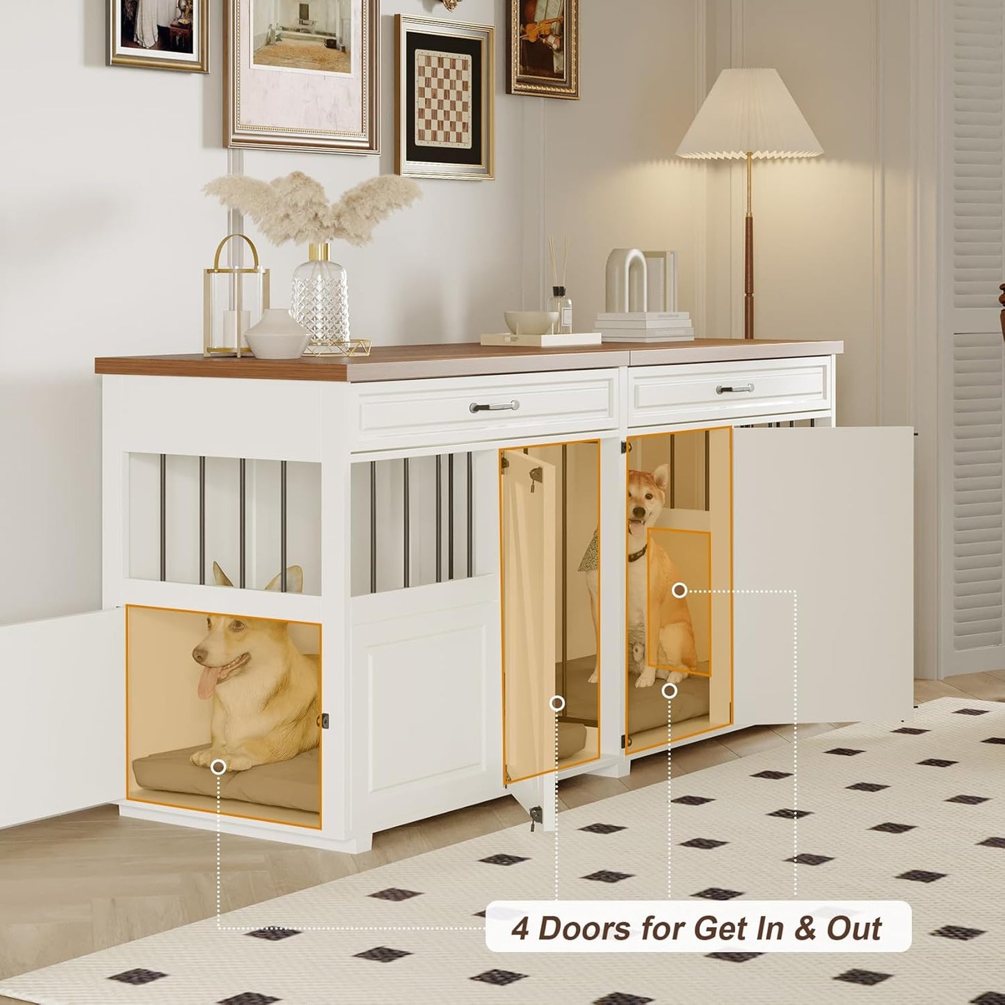 Dog Crate Furniture - Indoor Wood Dog Kennel Furniture 4 Doors with Divider and 2 Drawers - 72" L x 23.6" W x 33.5" H, White