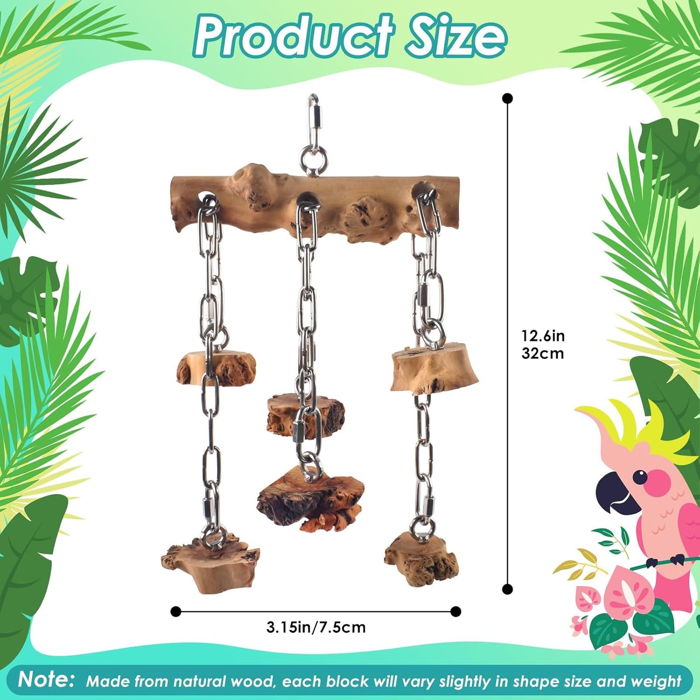 Bird Toys for Parrots, Durable Wooden Large Parrot Toy with Stainless Steel, Hanging Natural Chew Hardwood Blocks for Macaws, African Greys, Amazon Parrots, Cockatoos and Small Medium Parakeets