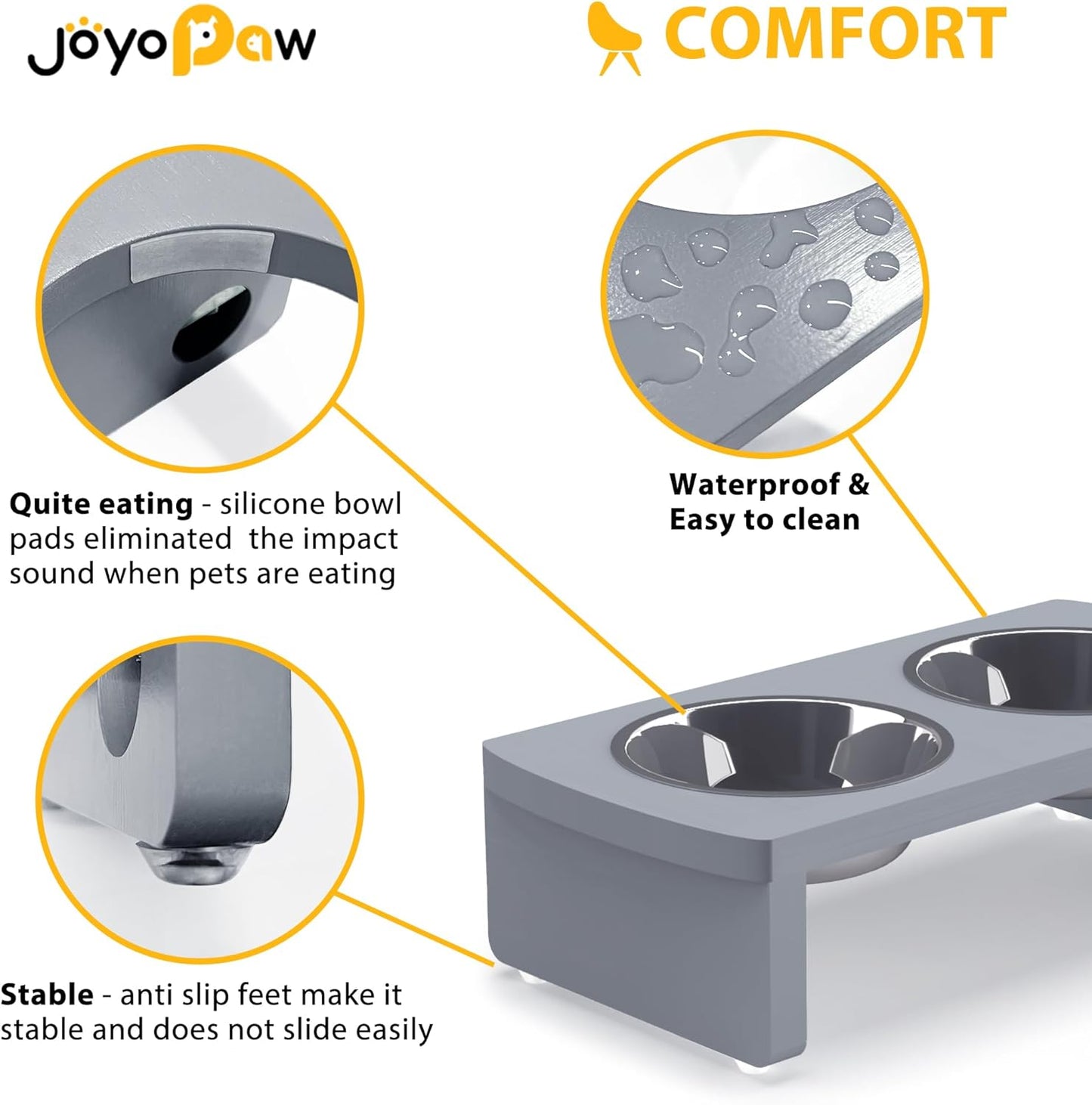 Elevated Dog Bowls, Bamboo Raised Dog Bowl for Small Dogs & Cats, with 2 Stainless Steel Bowls (4'' Tall-20oz Bowl, Grey)