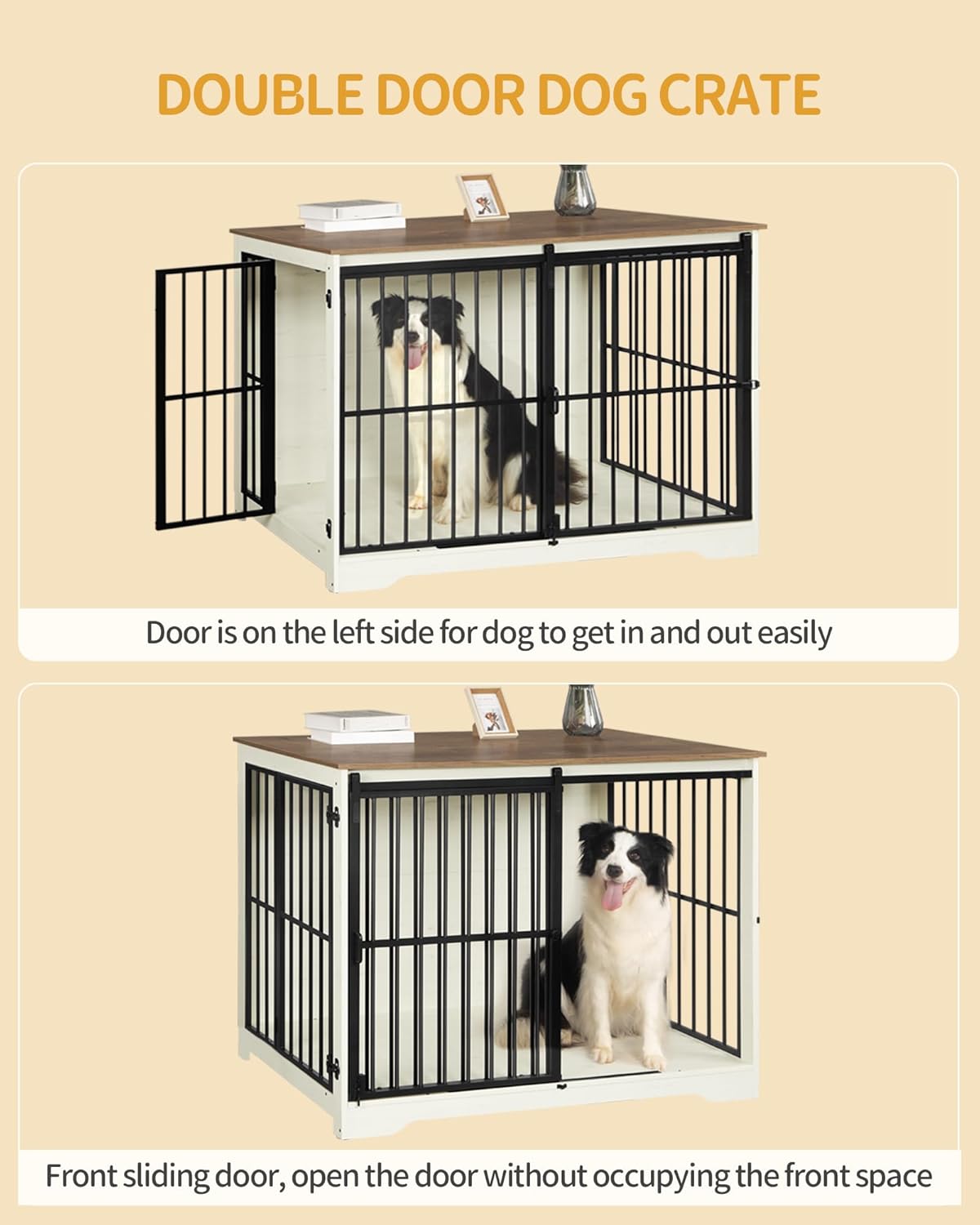 XXL Large Dog Crate Furniture, 46.9" Indoor Dog Kennel Furniture with Barn Door, Wooden Tall Dog Crate, Heavy Duty Dog Cage for Large Dogs, Side End Table, Anti-Chew, White Brown DFC83814B
