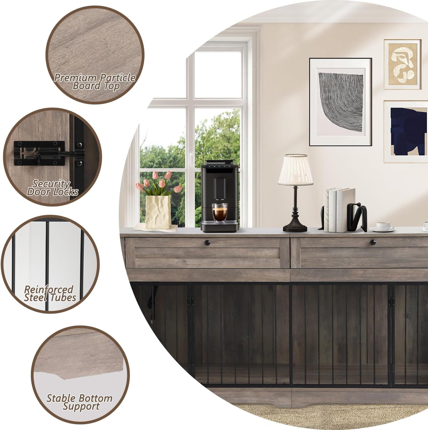 Large Dog Crate Furniture-Decorative Heavy Duty Dog Cage Indoor, Wooden Dog Cage End Table with Charging Station, Dog House with 2 Drawers (Gray, 70.86''L)