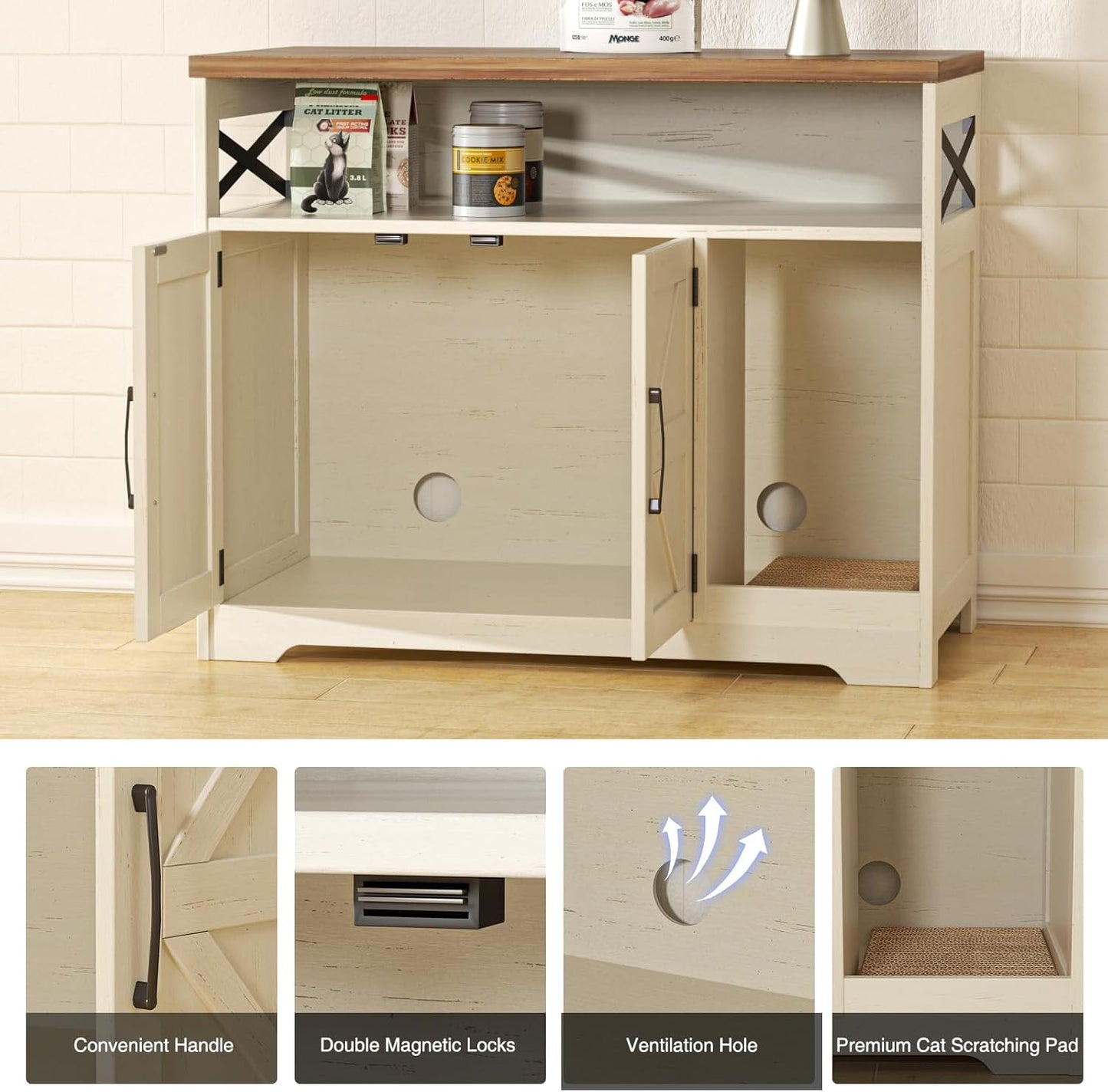 Cat Litter Box Enclosure, Hidden Litter Box Furniture with Scratch Pad, Farmhouse Indoor Cat House Washroom End Table, White