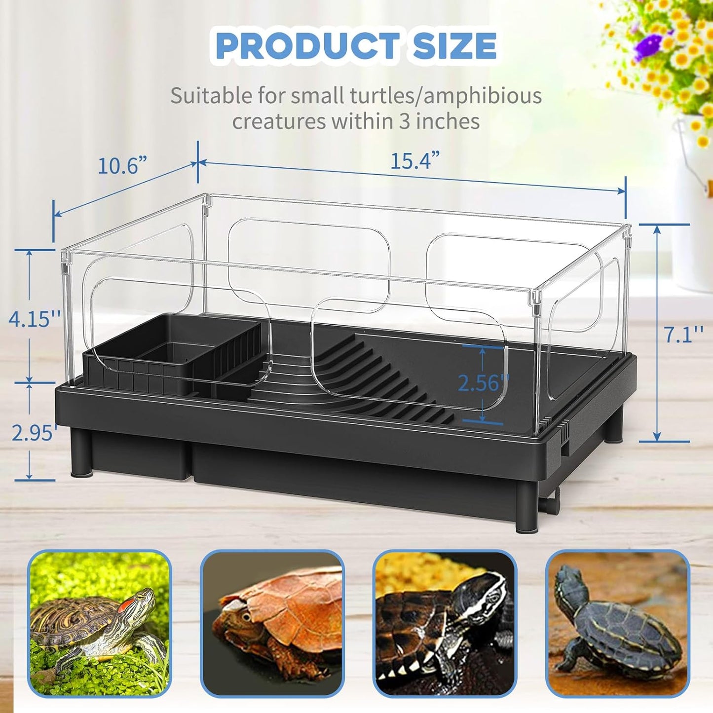 Small Turtle Tank Kit, Acrylic Turtle Tank Starter Kit with Basking Platform, Bottom Drainage, Multi-Function Areas for Turtles, Crabs, Crayfish, Small Reptiles. (Black+White)