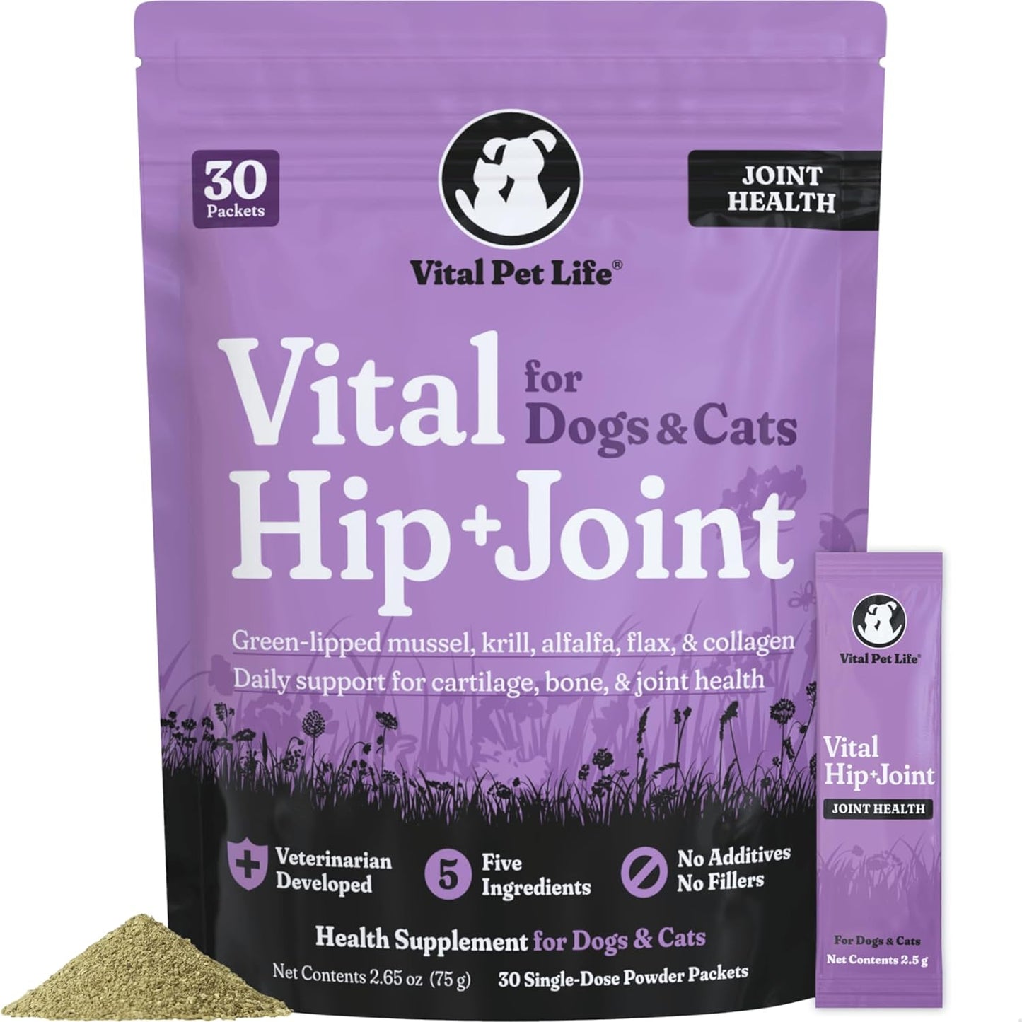 Vital Hip & Joint Supplement for Dogs and Cats - Dog Joint Supplement, Mobility Support, Inflammation Defense, Green Lipped Mussels, Krill, Collagen for Dogs, Veterinarian Developed, 30 Packets