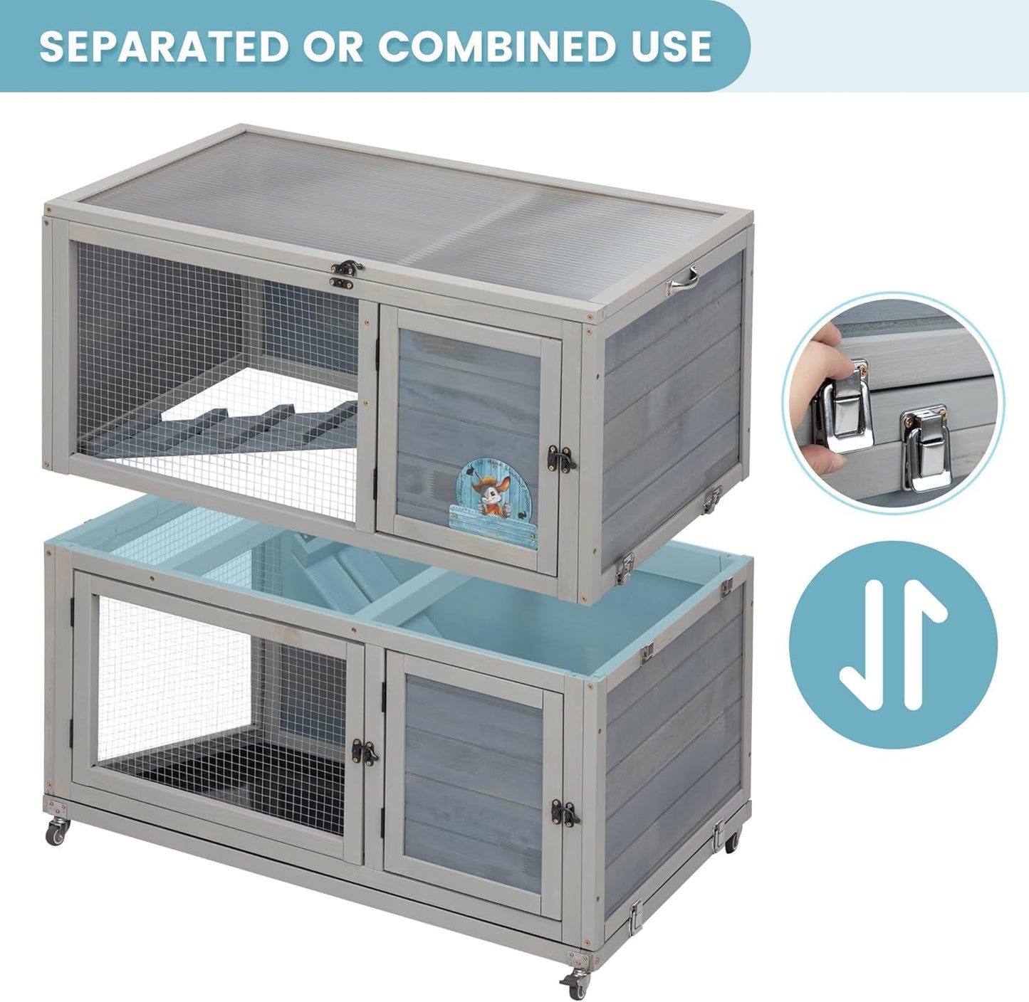 Weatherproof Wooden Rabbit Hutch for Indoor Outdoor Use, 2 Story Bunny Cage House with Wheels, Small Animal Shelter with Pull Out Tray, Non-Slip Ramp, Chicken Coop, Pet House Guinea Pigs Quail