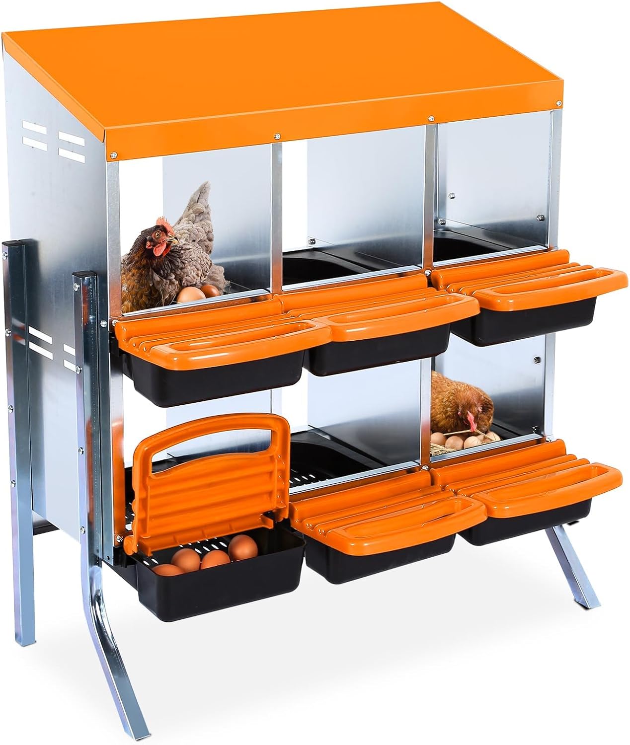 Chicken Nesting Box, 6 Hole 2 Layer Hen Nest Boxes with Legs, Roll Away Eggs Laying Boxes,Cleanable Pull Out Hen Roosting Boxes