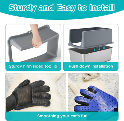 LIHONG Stainless Steel Litter Box with Lid, XL Metal Cat Box for Indoor Cats, Enclosure Cat Litter Pan for Large Cats, Non-Sticky Large Kitty Litter Box, Anti-Leakage, 23.5" X 15.5" X 16"