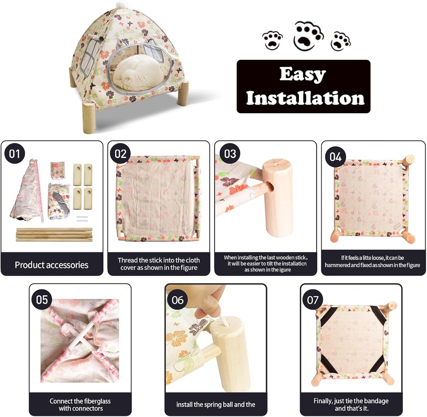 2-in-1 Elevated Cat Tent Cat House, Quick Assembly and Disassembly, Portable Indoor/Outdoor Cute Cat Bed Cave-Butterfly and Flower