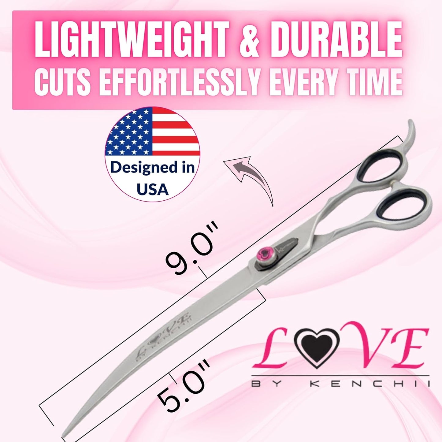 Kenchii Love Left Handed Dog Grooming Scissors, 9 Inch Curved Shears, Dog Scissors for Grooming, Professional Pet Grooming Scissors, Ergonomic & Comfortable