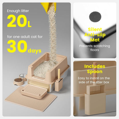 Stainless Steel Cat Litter Box - Enclosed XL Metal Kitty Litter Box with Lid for Big Cats, High Sided, Anti-Leakage, Easy Cleaning, Non-Sticky, Included Spoon & Aisle (Khaki)