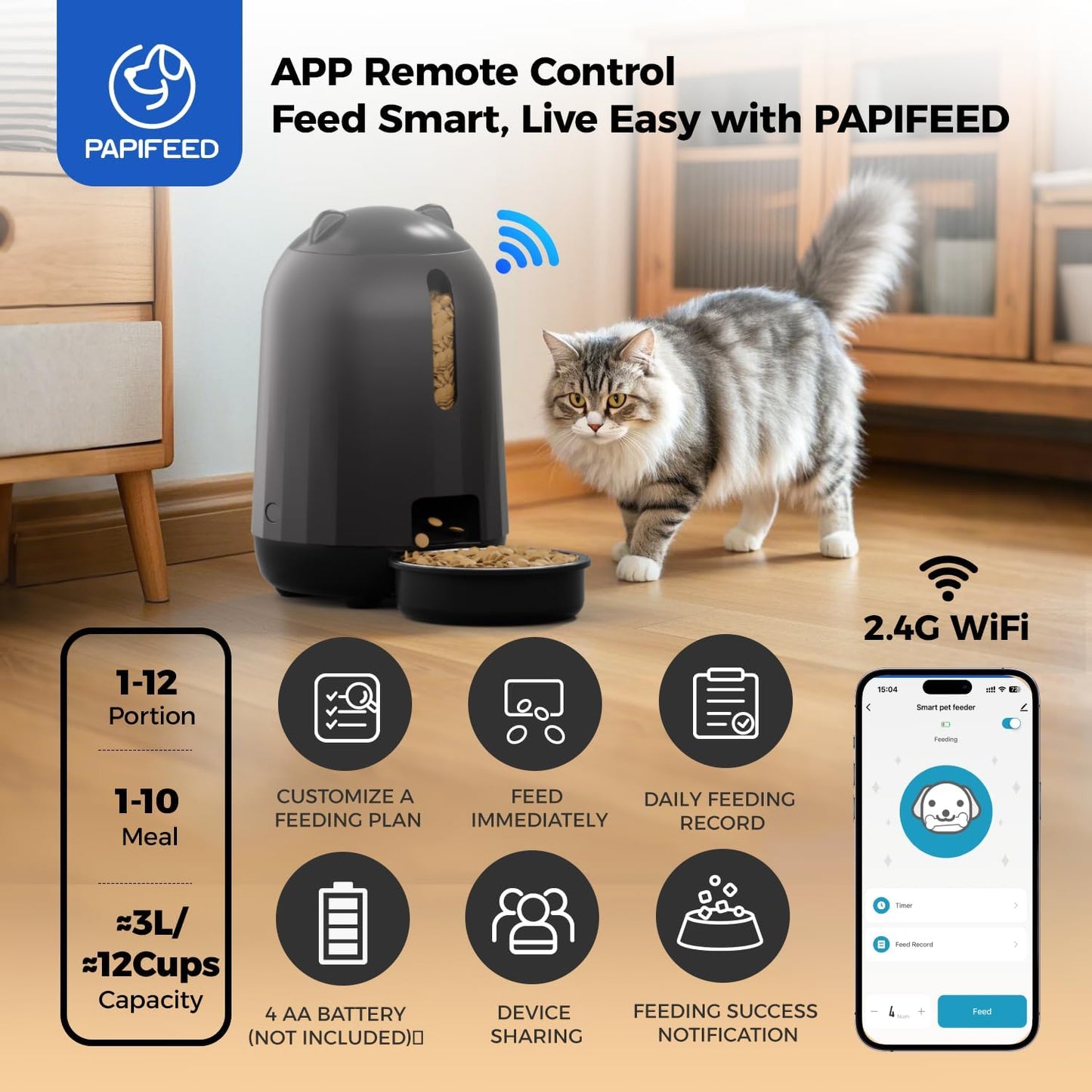 PAPIFEED Automatic Cat Feeder, 2.4G WiFi Auto Cat Food Dispenser with App Control, 3L Auto Pet Feeder with Dual Power Supply, Detachable for Easy Clean for Cats and Small Dogs, Black