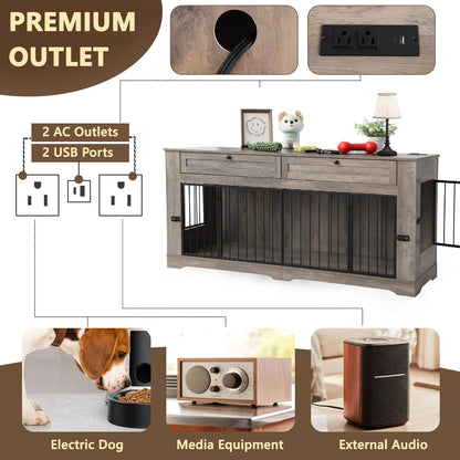 Large Dog Crate Furniture-Decorative Heavy Duty Dog Cage Indoor, Wooden Dog Cage End Table with Charging Station, Dog House with 2 Drawers (Gray, 70.86''L)